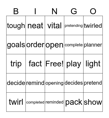 Sight Word Bingo Card