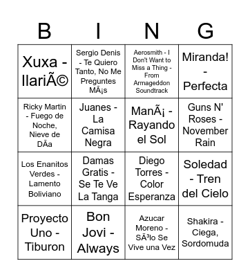 Bingo Musical 90s - 2000s Bingo Card