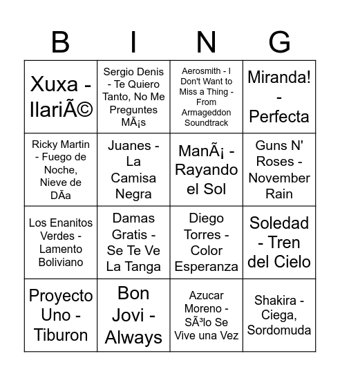 Bingo Musical 90s - 2000s Bingo Card