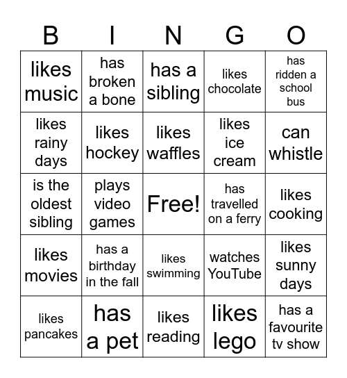Classmates Interests Bingo Card
