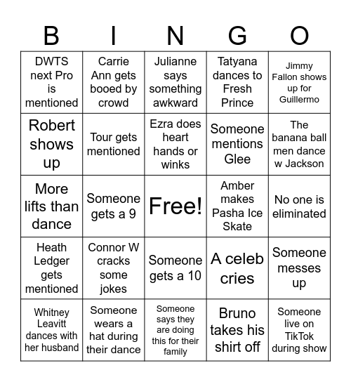 Dancing with the Stars Bingo Card