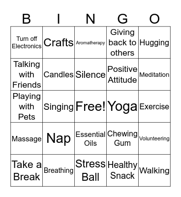 Stress Relieving Bingo Card