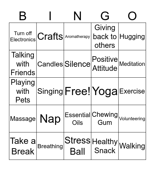 Stress Relieving Bingo Card