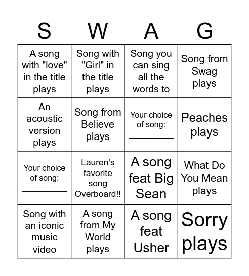 Justin Bieber Song BINGO! Bingo Card