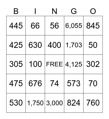 Mental Math - Addition Bingo Card