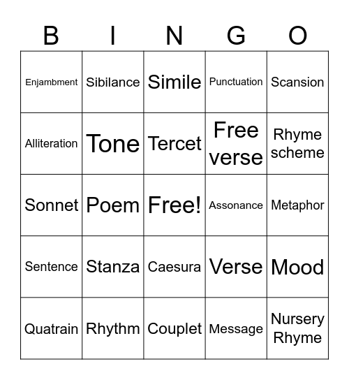 Poetry Bingo Card