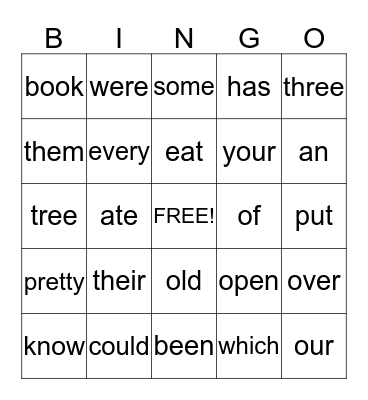 HFW Gr. 1 Set 2 Bingo Card