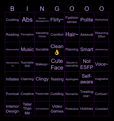 Bishounen Bingo Card