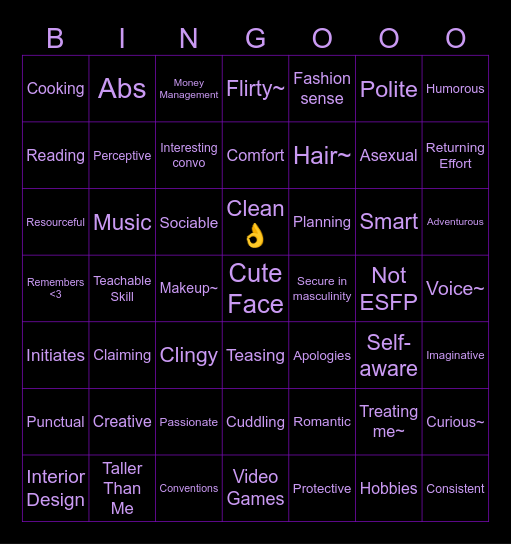 Bishounen Bingo Card