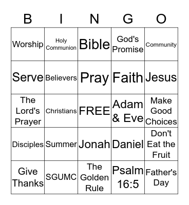 SGUMC Sunday School Bible Bingo Card