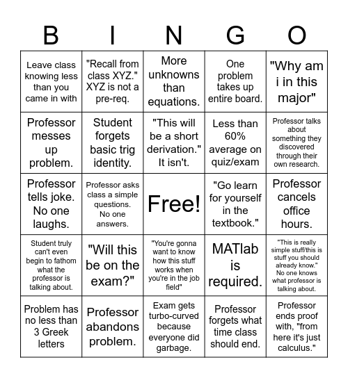 Engineering Class Bingo Card