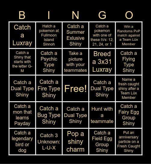 Lux BINGO Card
