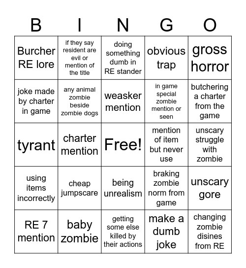RE movie BINGO Card