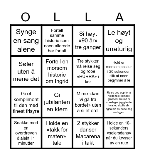 90 ÅR Bingo Card