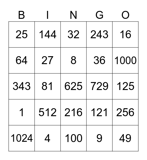 "Bingo Math: พิชิตเลขยกกำลัง" Bingo Card