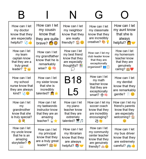 B18 L5 How can I let my mom know that she is really kind? 👩❤️ Bingo Card