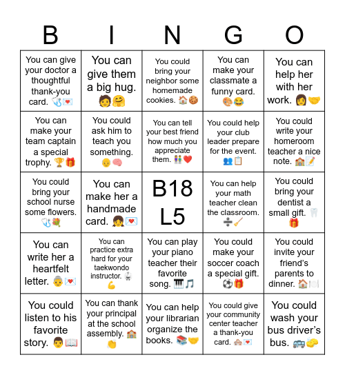B18 L5 You can do her chores for her. 👩🧹 Bingo Card
