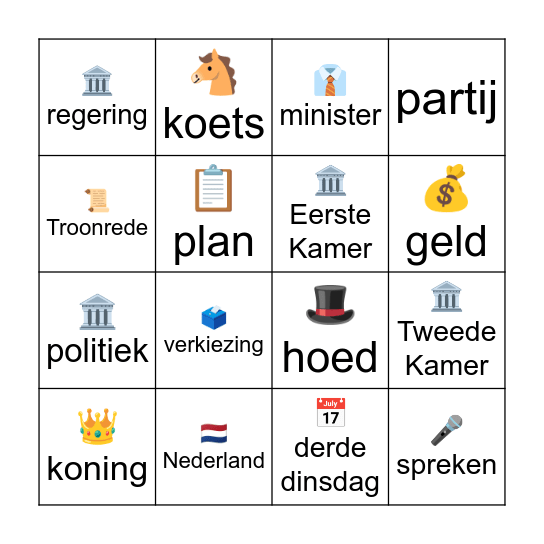 Prinsjesdag 16 woorden Bingo Card