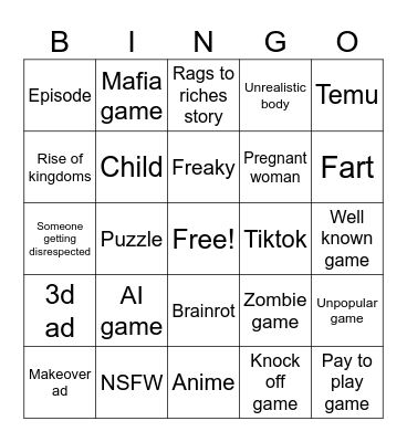Moblie game ads bingo Card