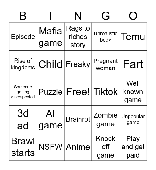 Moblie game ads bingo Card