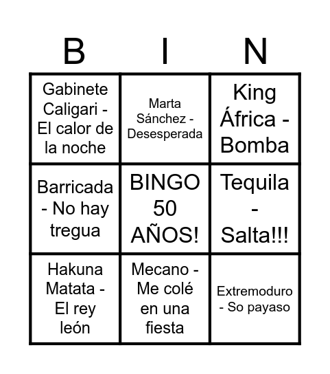 Bingo Musical - Cari 50 años!!! Bingo Card