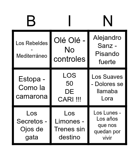 BINGO MUSICAL LOS 50 DE CARI!! Bingo Card