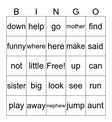Vocabulary 1 and 2 Bingo Card