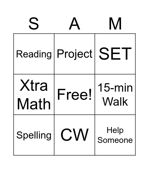 Sam's Assignments Bingo Card