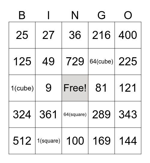 Squares and Cubes Bingo! Bingo Card