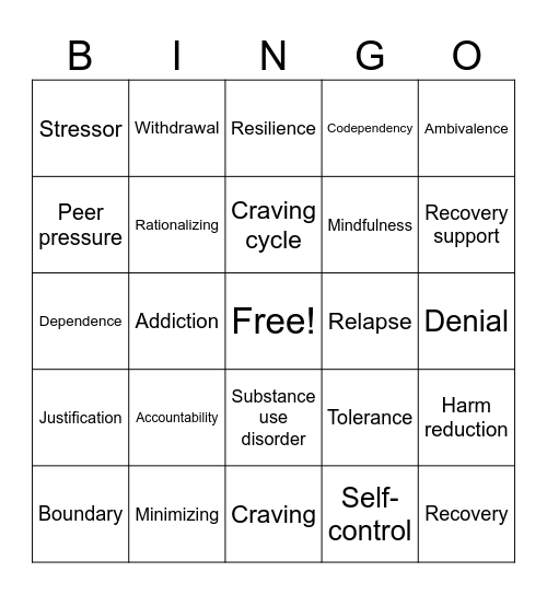 Addiction Bingo Card