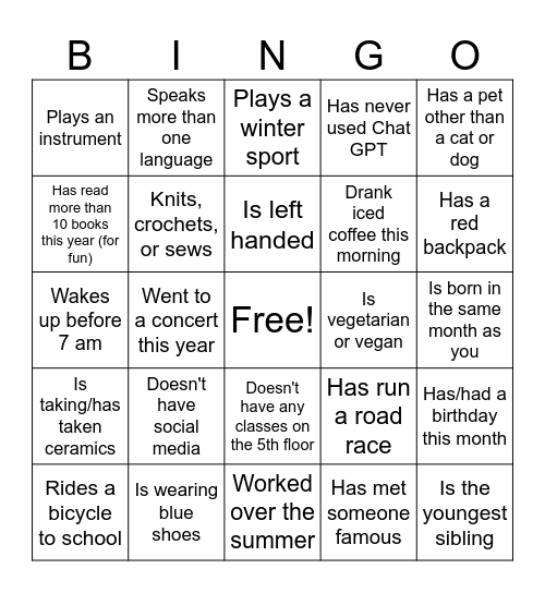 Get to Know You Bingo Card
