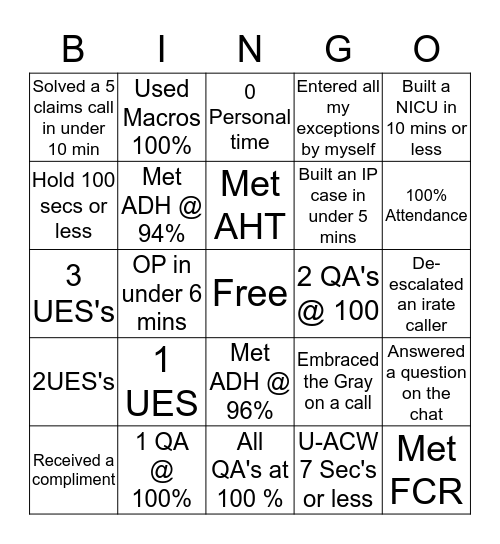 UHC Bingo Card