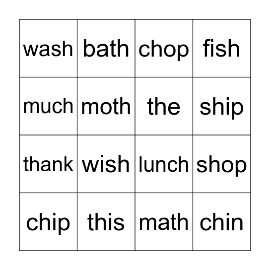 th, sh, ch word find Bingo Card