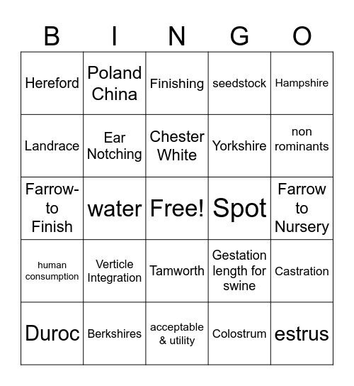 Swine Management Bingo Card