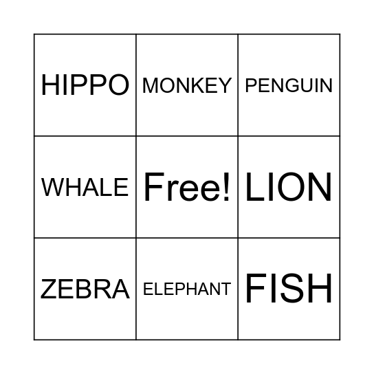 ANIMALS Bingo Card