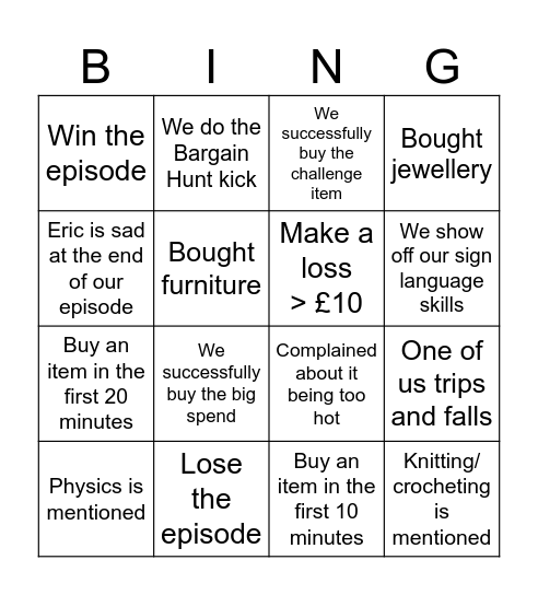 Bargain Hunt Bingo Card