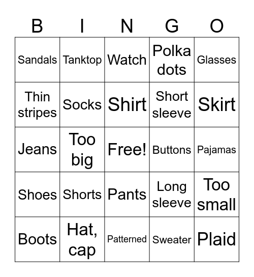 U7 Clothing Bingo Card