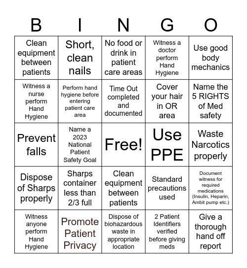 National Patient Safety Week Bingo Card