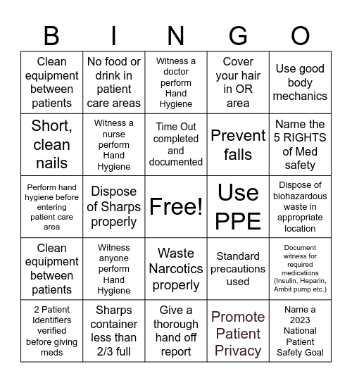 National Patient Safety Week Bingo Card