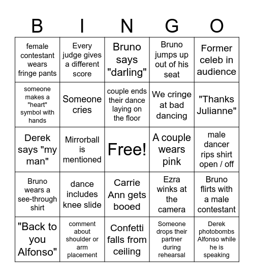 Dancing with the Stars Bingo Card