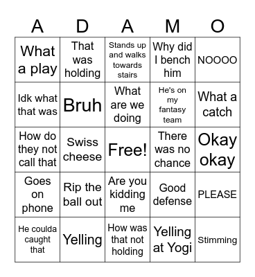 Adam Bills Bingo Card