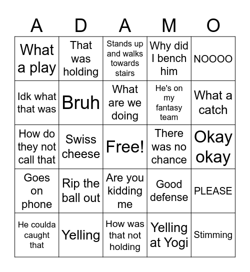 Adam Bills Bingo Card