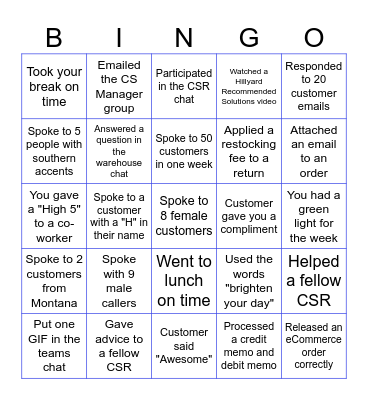 National Customer Service Week Bingo Card