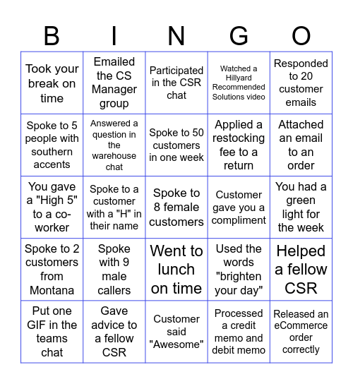 National Customer Service Week Bingo Card