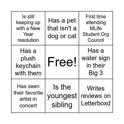 MLife Student Org Council BINGO Card