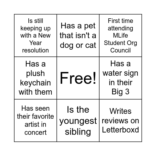 MLife Student Org Council BINGO Card