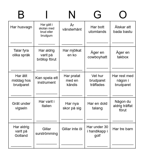 Bröllopsbingo Card