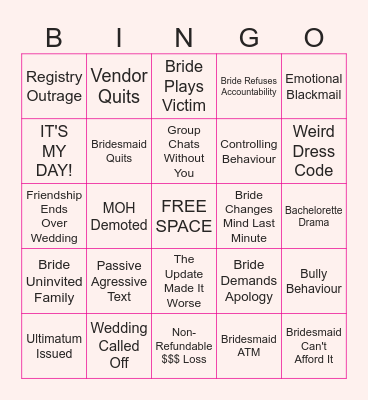 Bridezilla Bingo Card