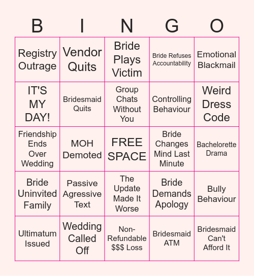 Bridezilla Bingo Card