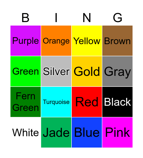 Colors Bingo Card